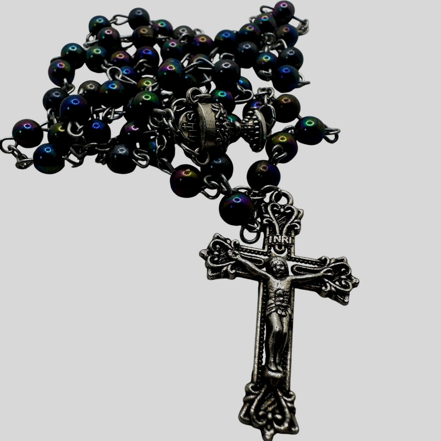 Vintage Black Iridescent Glass Bead Rosary, Catholic Prayer Beads, Silvertone Crucifix