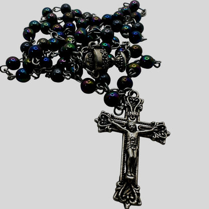 Vintage Black Iridescent Glass Bead Rosary, Catholic Prayer Beads, Silvertone Crucifix
