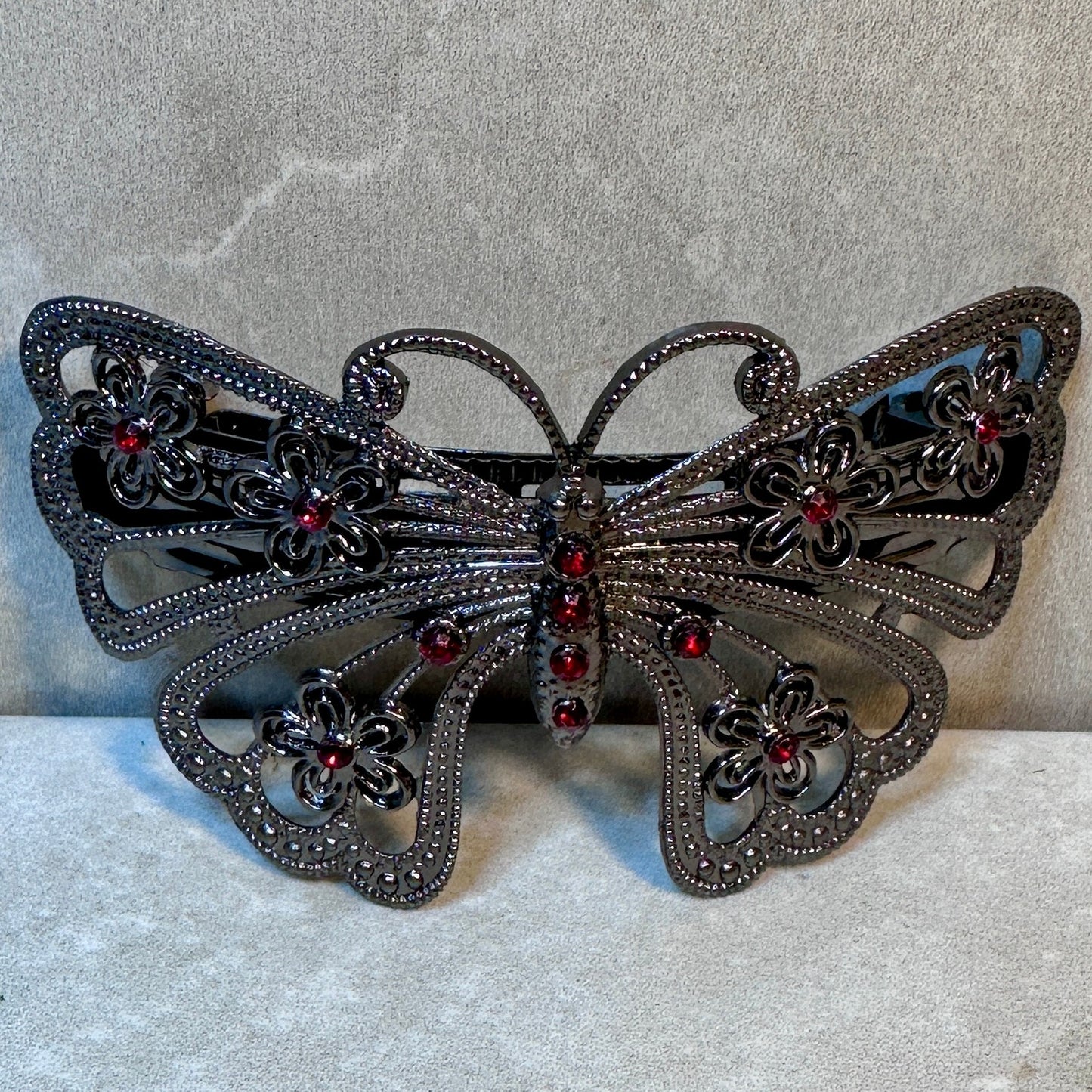 Vintage Ornate Filigree Butterfly Jeweled Metal Hair Clip Barrette