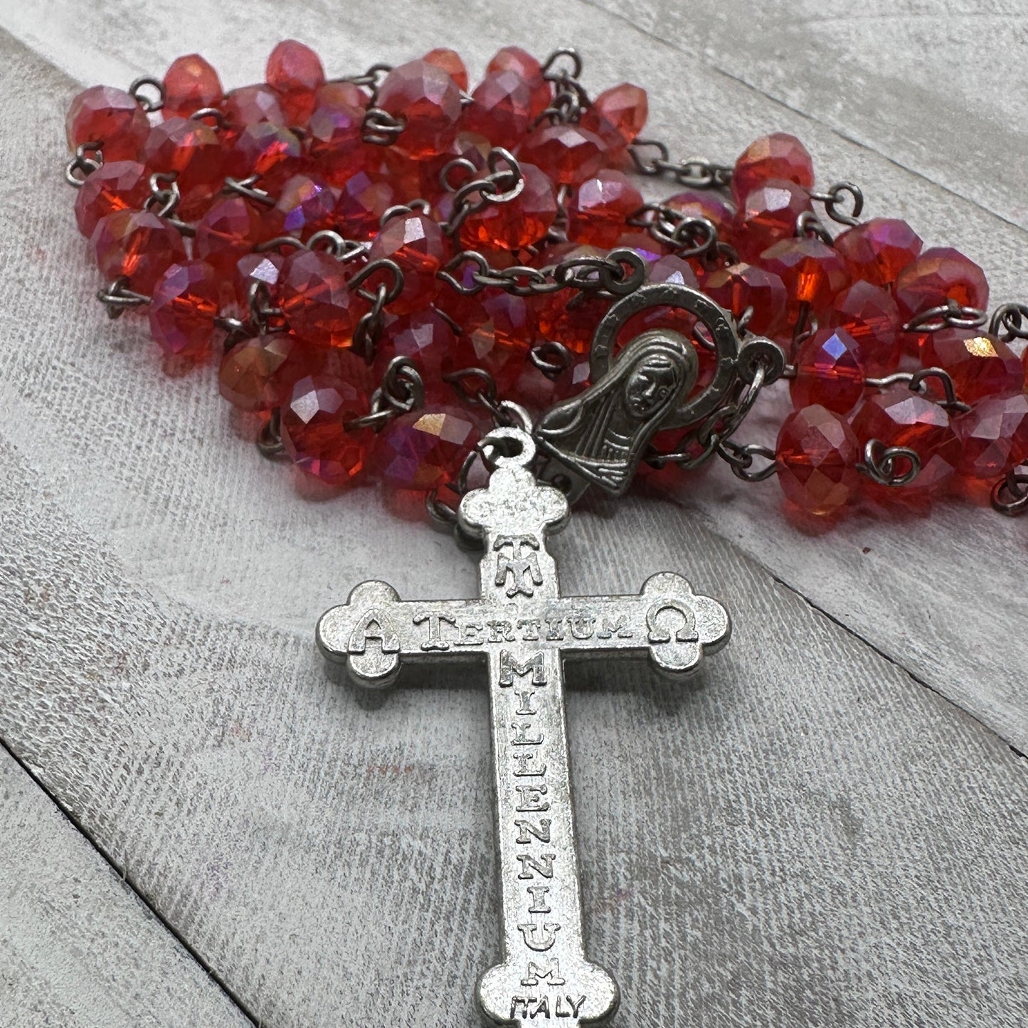 Vintage Italian Glass Bead Rosary, Italy Catholic Prayer Beads, Silver Crucifix