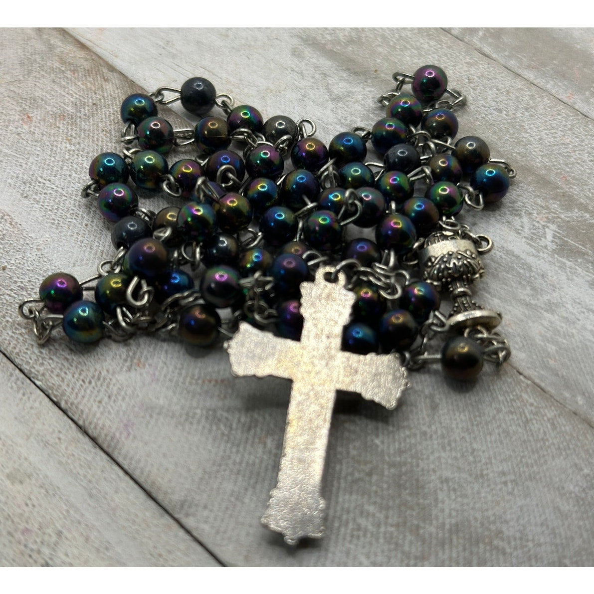 Vintage Black Iridescent Glass Bead Rosary, Catholic Prayer Beads, Silvertone Crucifix
