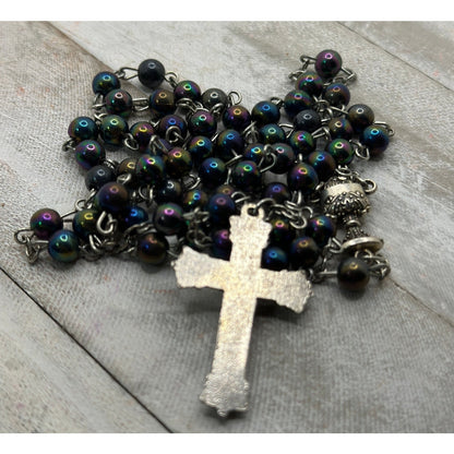 Vintage Black Iridescent Glass Bead Rosary, Catholic Prayer Beads, Silvertone Crucifix
