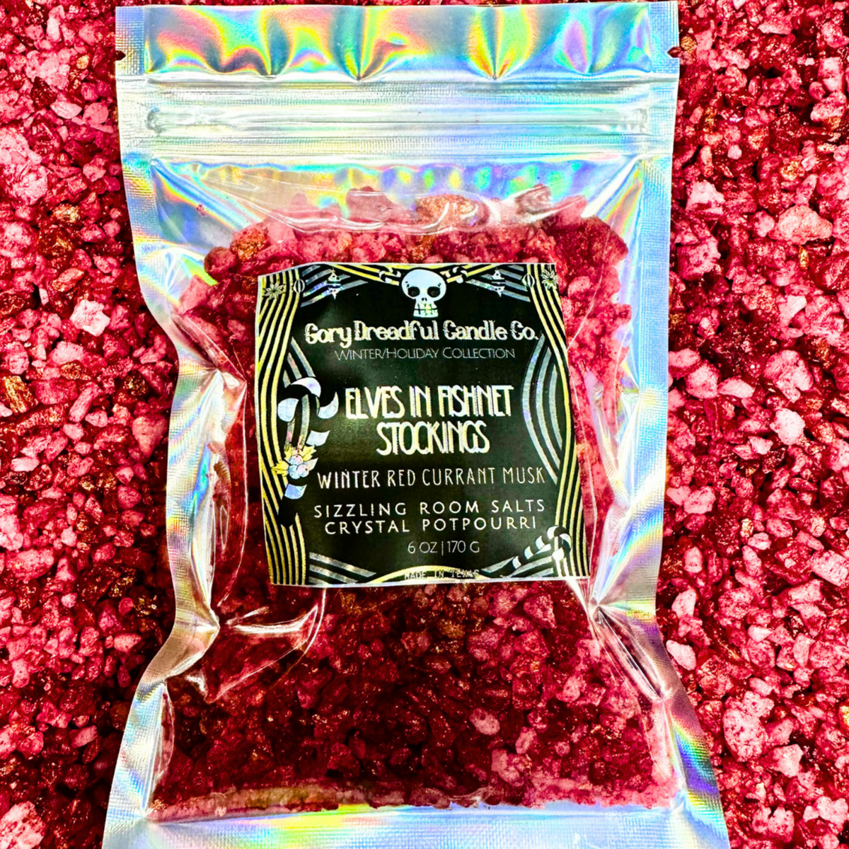 Elves in Fishnet Stockings Sizzling Room Salt Crystal Potpourri: Winter Red Currant Musk - Gory Dreadful Candle Co