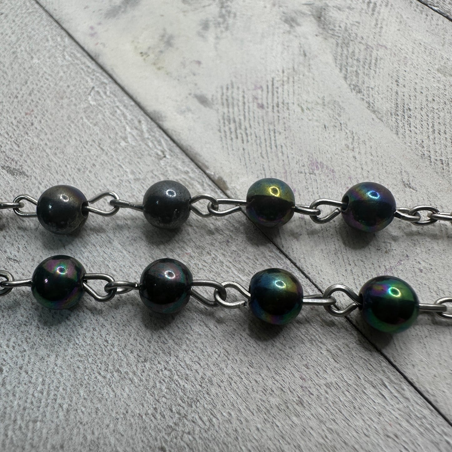 Vintage Black Iridescent Glass Bead Rosary, Catholic Prayer Beads, Silvertone Crucifix