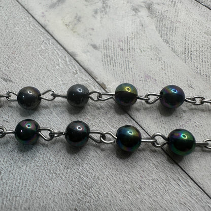 Vintage Black Iridescent Glass Bead Rosary, Catholic Prayer Beads, Silvertone Crucifix