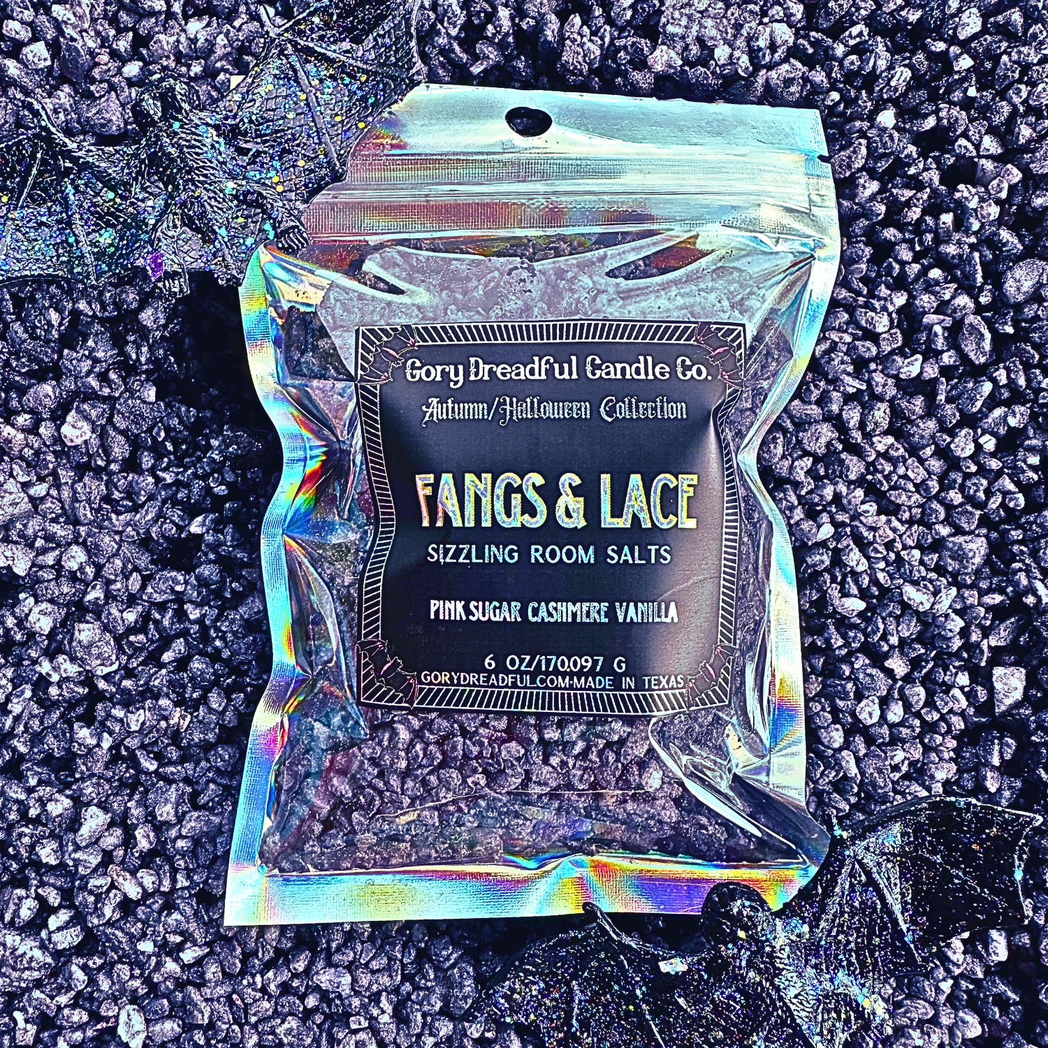 FANGS & LACE Sizzling Room Salt Crystal Potpourri: Cashmere Pink Sugar Scent - Gory Dreadful Candle Co