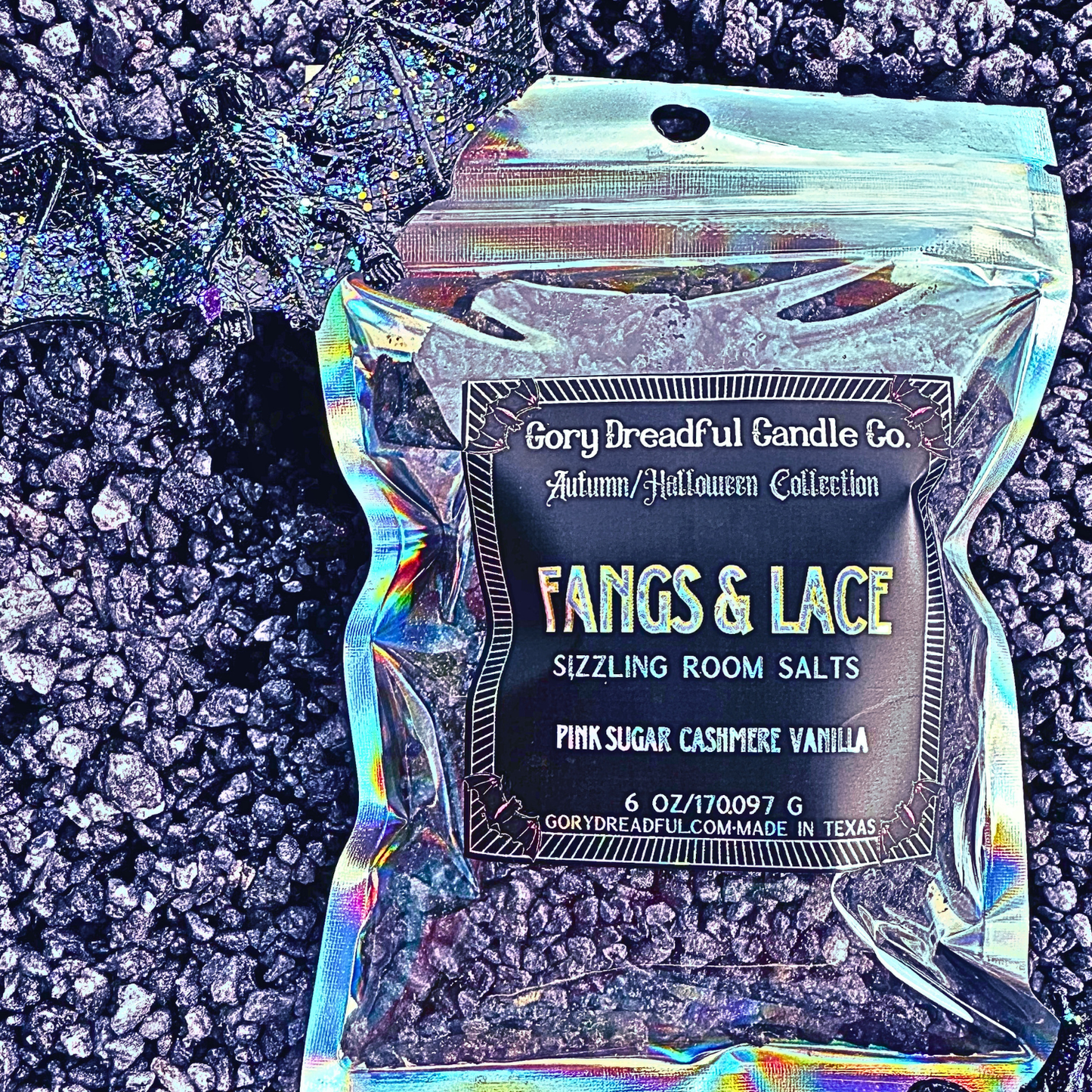 FANGS & LACE Sizzling Room Salt Crystal Potpourri: Cashmere Pink Sugar Scent - Gory Dreadful Candle Co