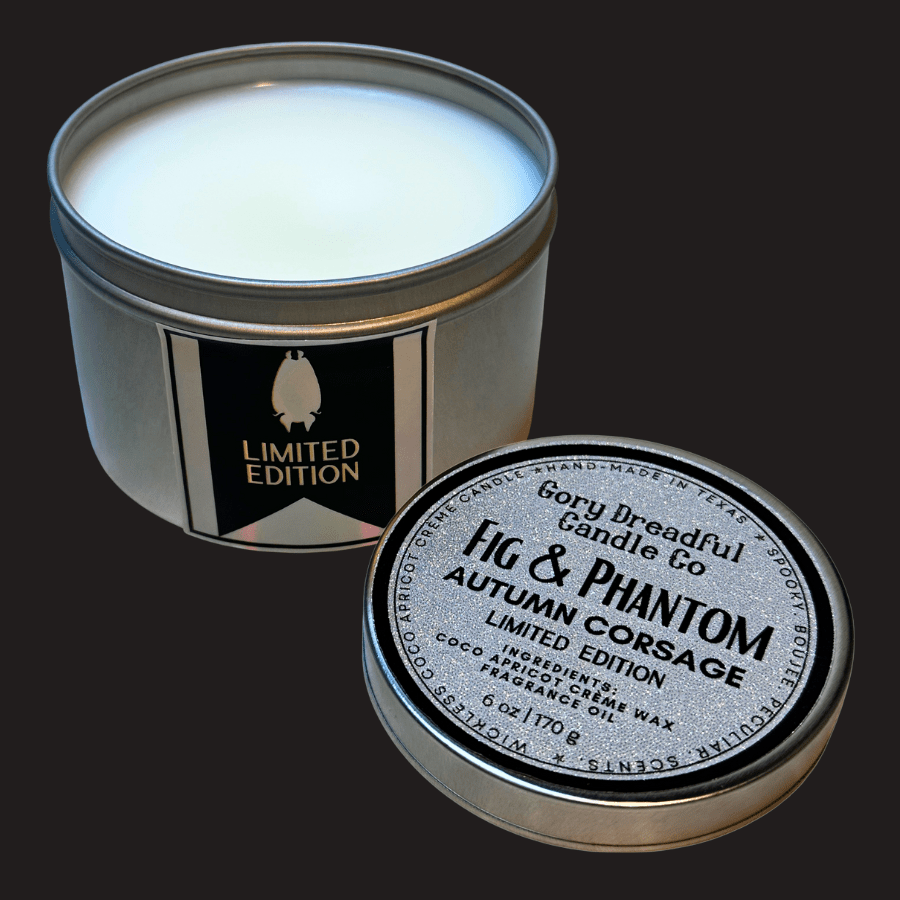 FIG & PHANTOM Wickless Candle Tin: Autumn Corsage Scent - Limited Edition - Gory Dreadful Candle Co