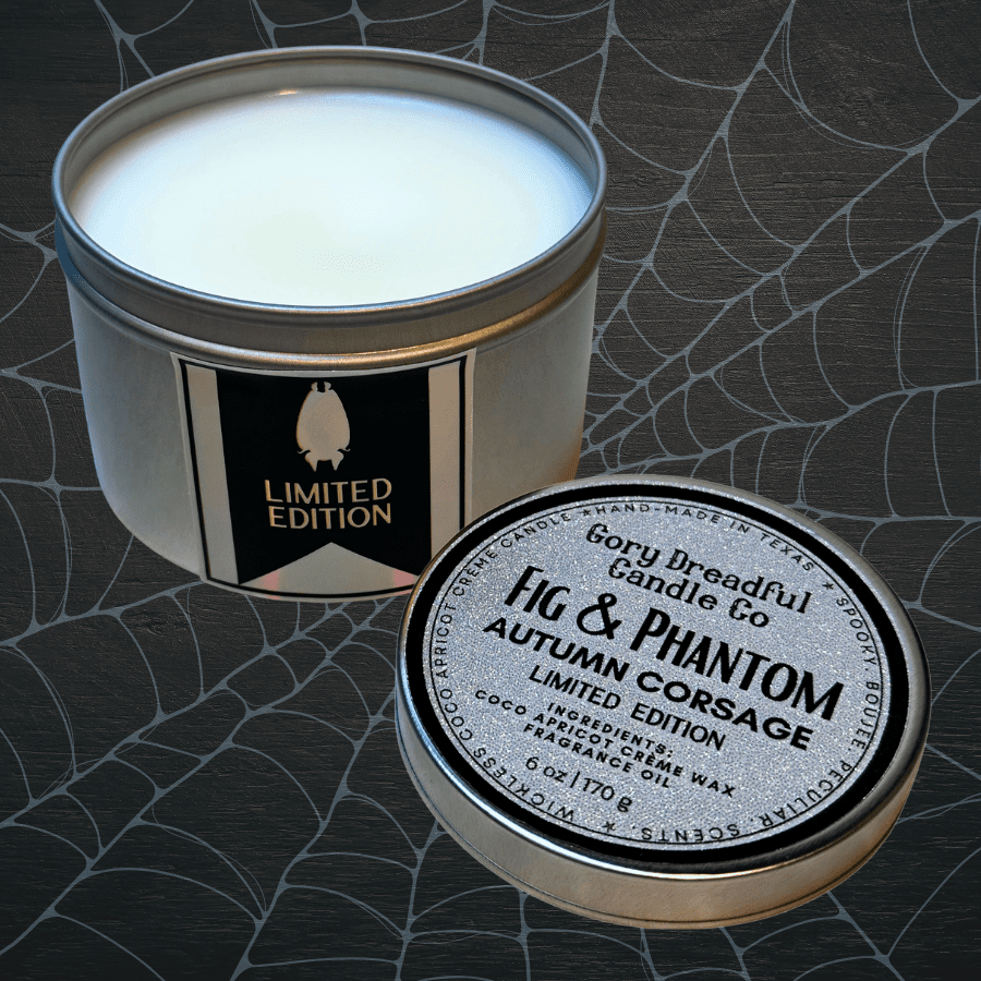 FIG & PHANTOM Wickless Candle Tin: Autumn Corsage Scent - Limited Edition - Gory Dreadful Candle Co