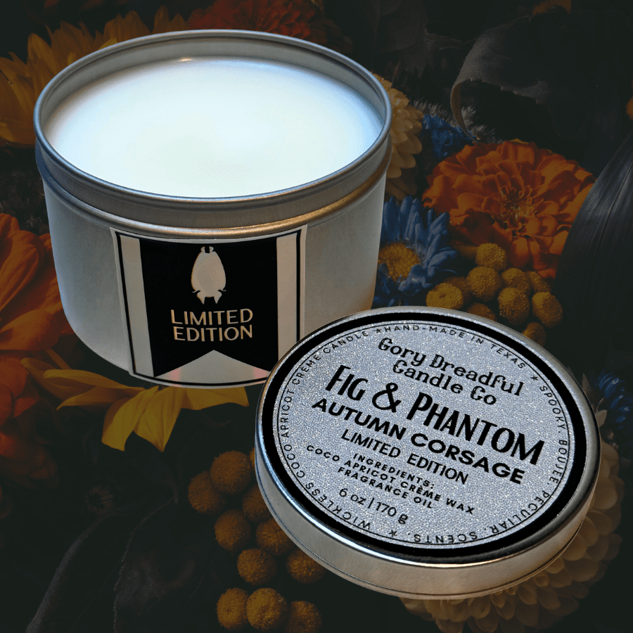 FIG & PHANTOM Wickless Candle Tin: Autumn Corsage Scent - Limited Edition - Gory Dreadful Candle Co