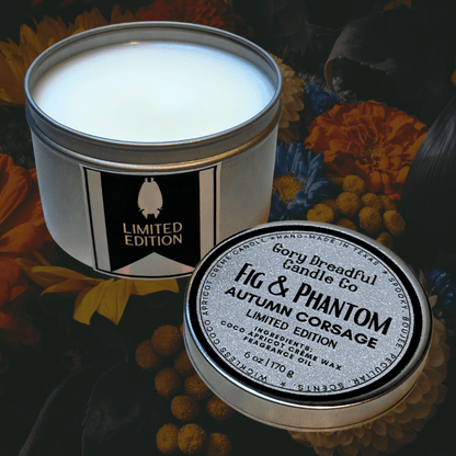 FIG & PHANTOM Wickless Candle Tin: Autumn Corsage Scent - Limited Edition - Gory Dreadful Candle Co