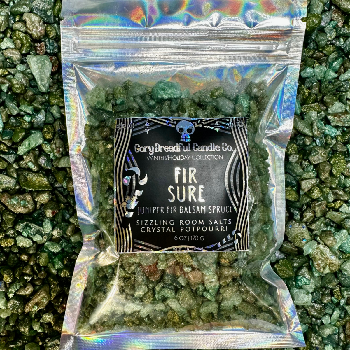 FIR SURE Sizzling Room Salt Crystal Potpourri: Juniper Fir Balsam Spruce Scent - Gory Dreadful Candle Co