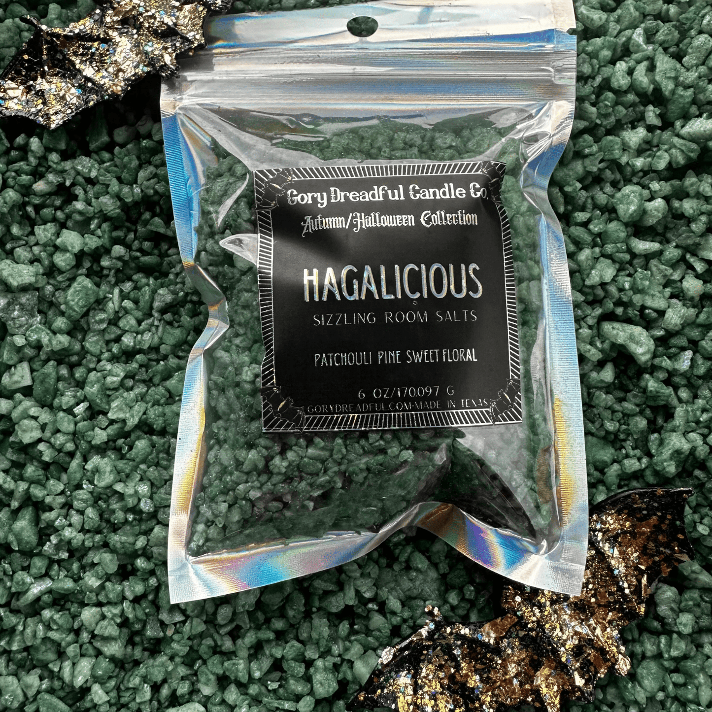 Hagalicious Sizzling Room Salt Crystal Potpourri: Patchouli Pine Sweet Florals Scent - Gory Dreadful Candle Co
