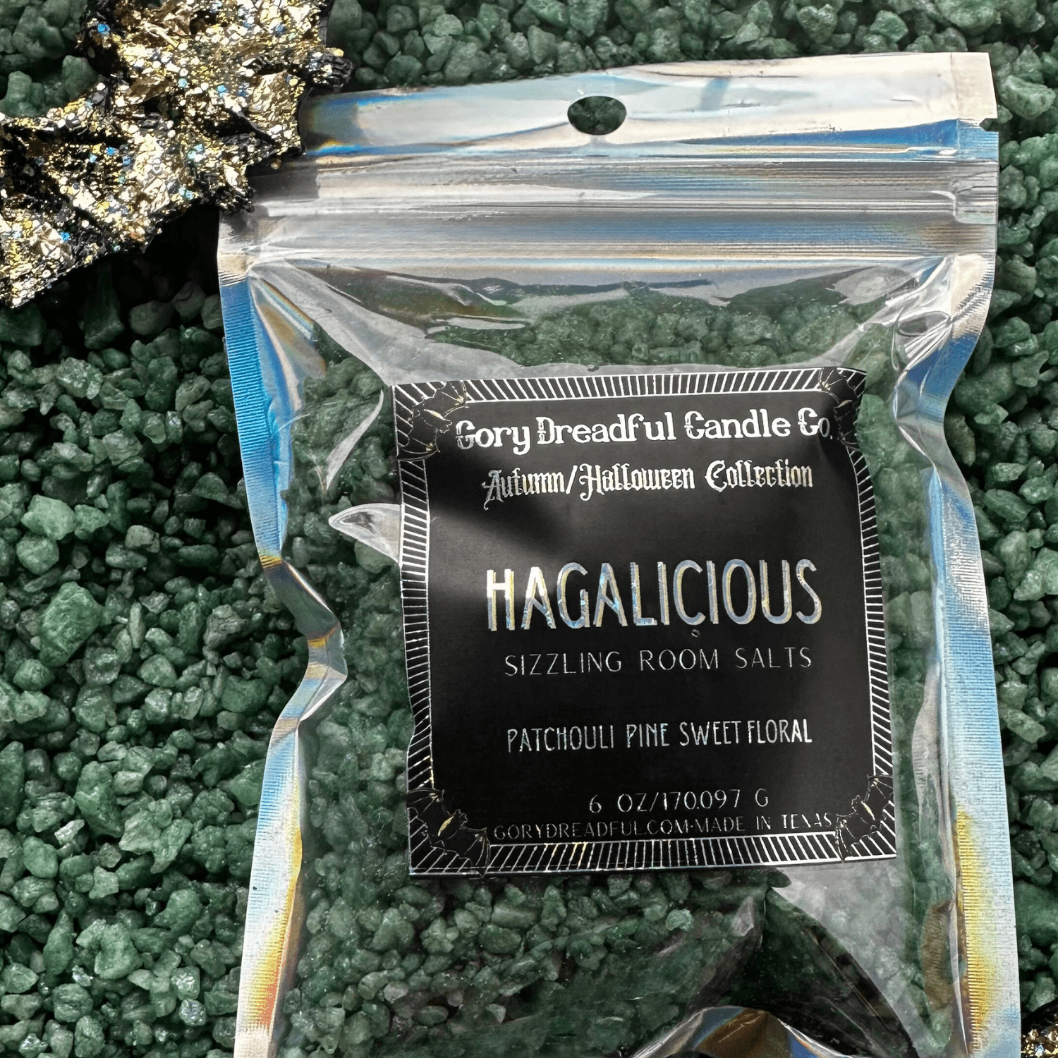 Hagalicious Sizzling Room Salt Crystal Potpourri: Patchouli Pine Sweet Florals Scent - Gory Dreadful Candle Co