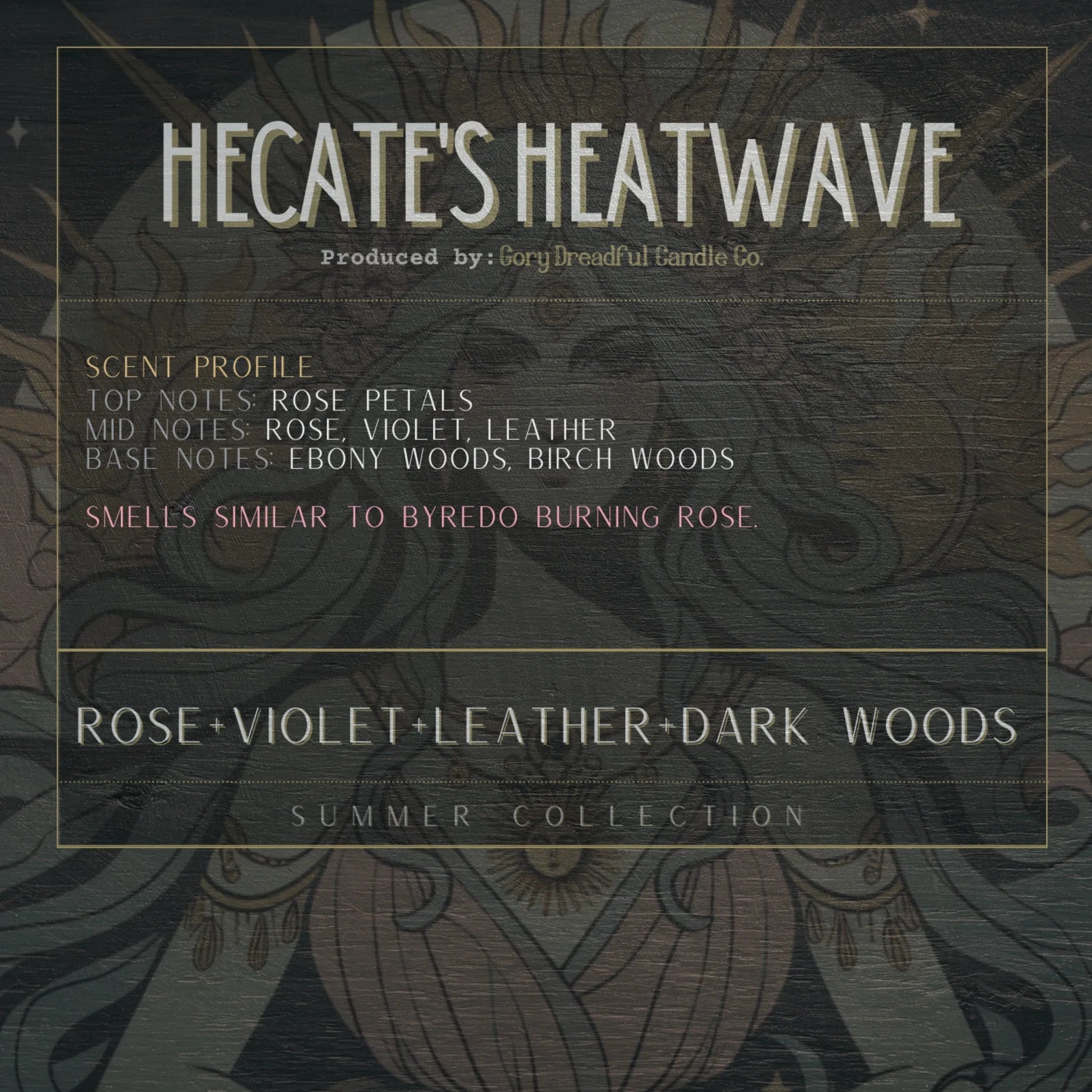 HECATE'S HEATWAVE Luxury Wickless Candle 6.5 oz: Rose Violet Leather Dark Woods Scent - Gory Dreadful Candle Co