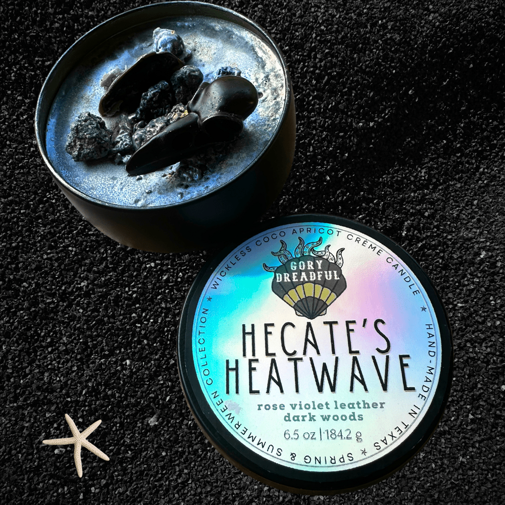 HECATE'S HEATWAVE Luxury Wickless Candle 6.5 oz: Rose Violet Leather Dark Woods Scent - Gory Dreadful Candle Co