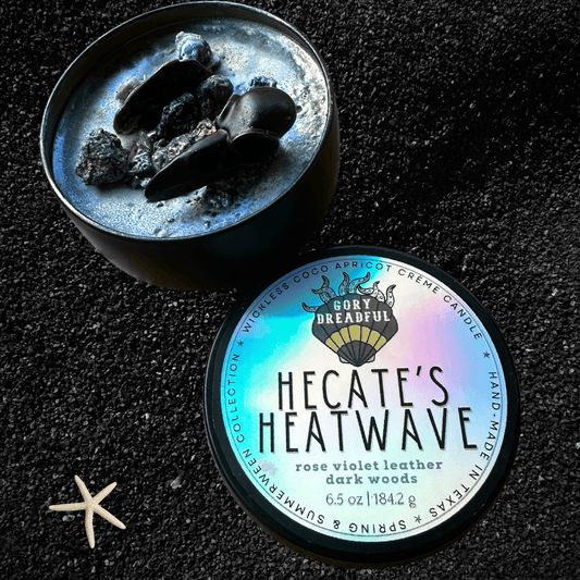 HECATE'S HEATWAVE Luxury Wickless Candle 6.5 oz: Rose Violet Leather Dark Woods Scent - Gory Dreadful Candle Co