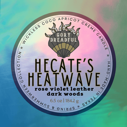 HECATE'S HEATWAVE Luxury Wickless Candle 6.5 oz: Rose Violet Leather Dark Woods Scent - Gory Dreadful Candle Co