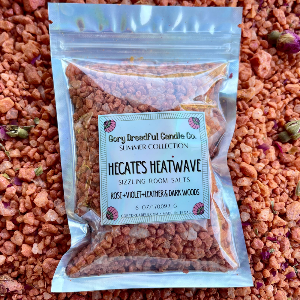 HECATE'S HEATWAVE Sizzling Room Salt Crystal Potpourri: Rose Violet Leather Dark Woods Scent - Gory Dreadful Candle Co