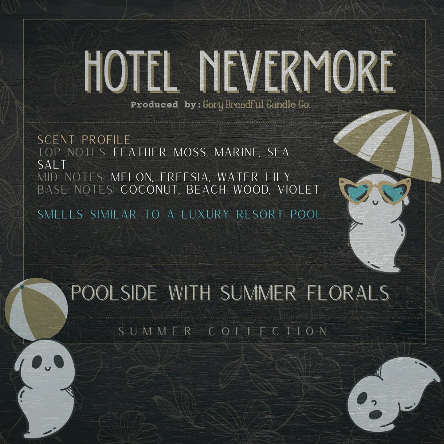 HOTEL NEVERMORE Luxury Wickless Candle 6.5 oz: Poolside Summer Floral Scent - Gory Dreadful Candle Co