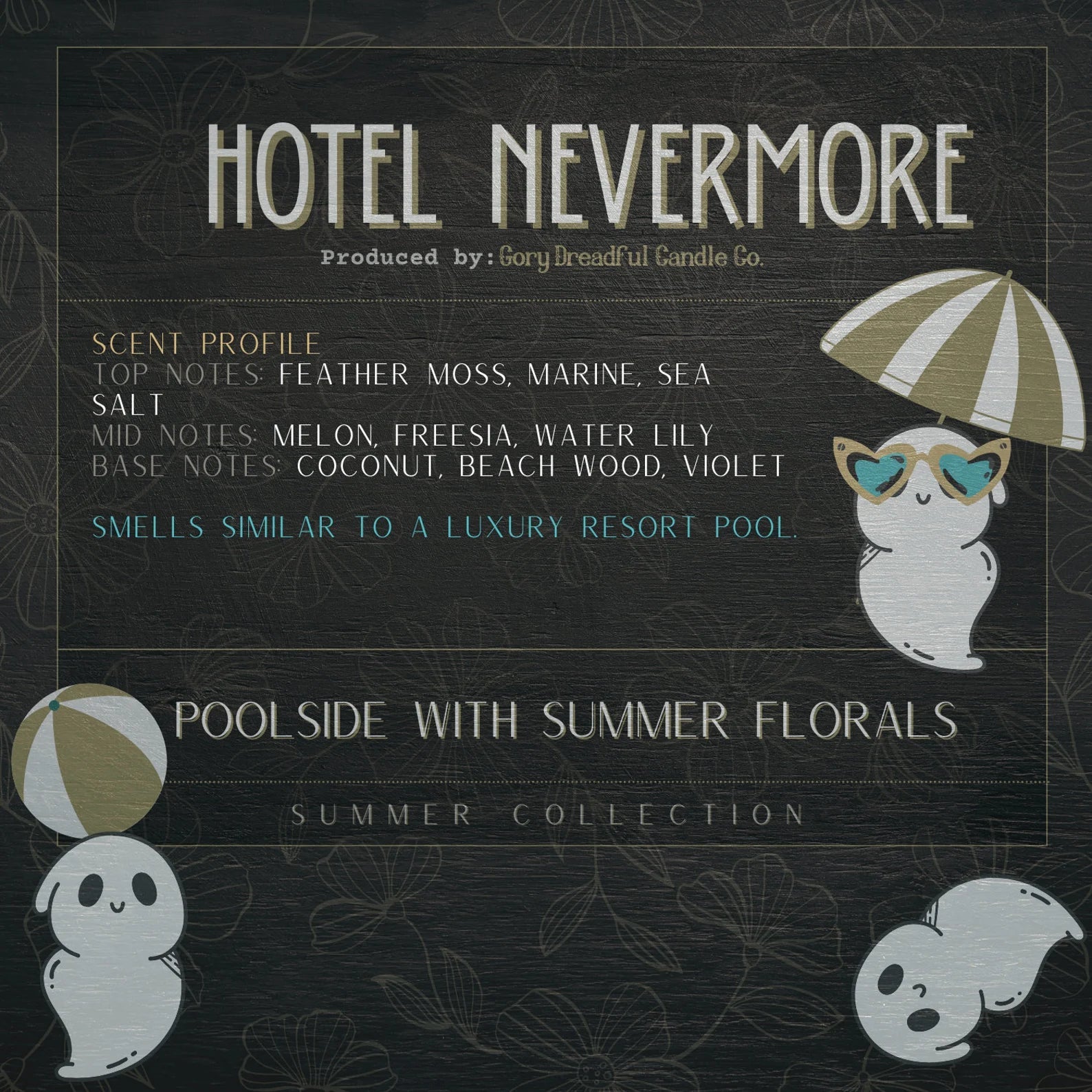 HOTEL NEVERMORE Luxury Wickless Candle 6.5 oz: Poolside Summer Floral Scent - Gory Dreadful Candle Co