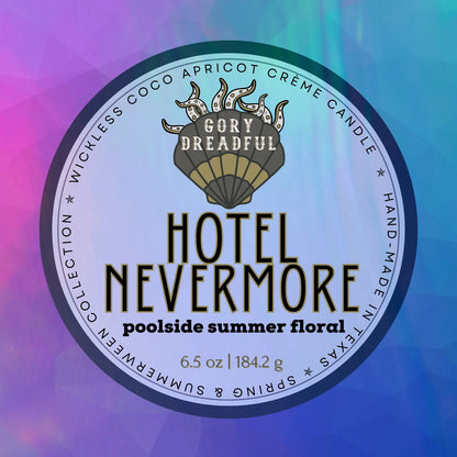 HOTEL NEVERMORE Luxury Wickless Candle 6.5 oz: Poolside Summer Floral Scent - Gory Dreadful Candle Co