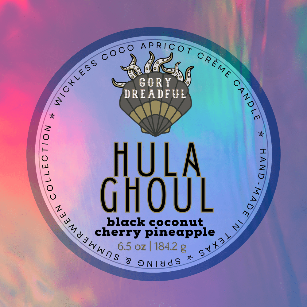 HULA GHOUL Luxury Wickless Candle 6.5 oz: Black Coconut & Cherry Pineapple Scent - Gory Dreadful Candle Co