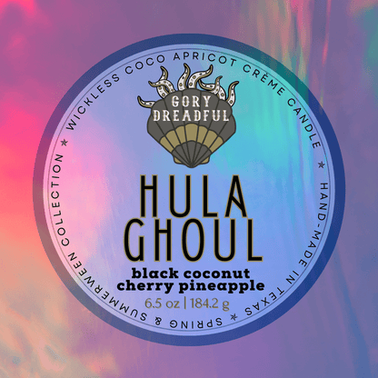 HULA GHOUL Luxury Wickless Candle 6.5 oz: Black Coconut & Cherry Pineapple Scent - Gory Dreadful Candle Co