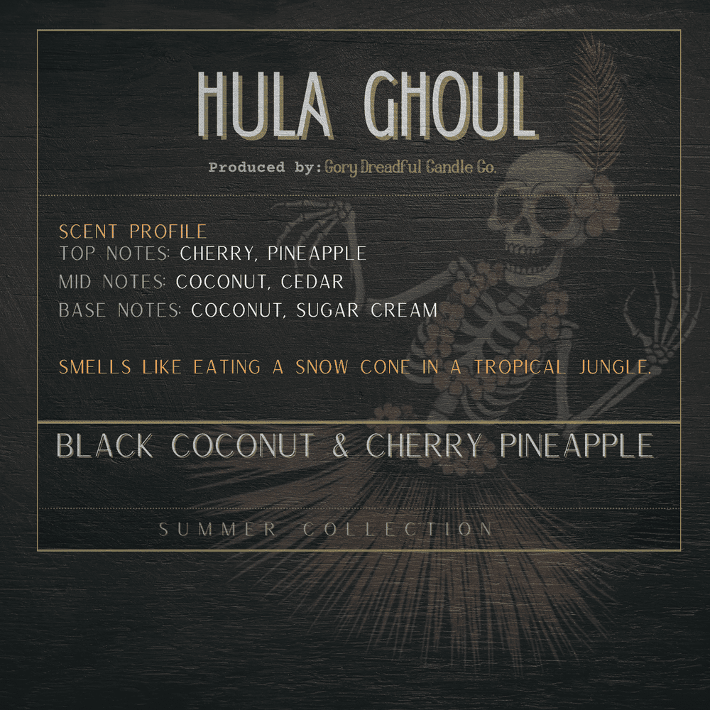 HULA GHOUL Luxury Wickless Candle 6.5 oz: Black Coconut & Cherry Pineapple Scent - Gory Dreadful Candle Co