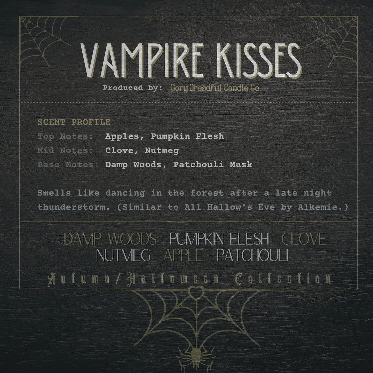 Vampire Kisses Wickless Candle: Damp Woods Pumpkin Flesh Clove Nutmeg Apple Patchouli Scent
