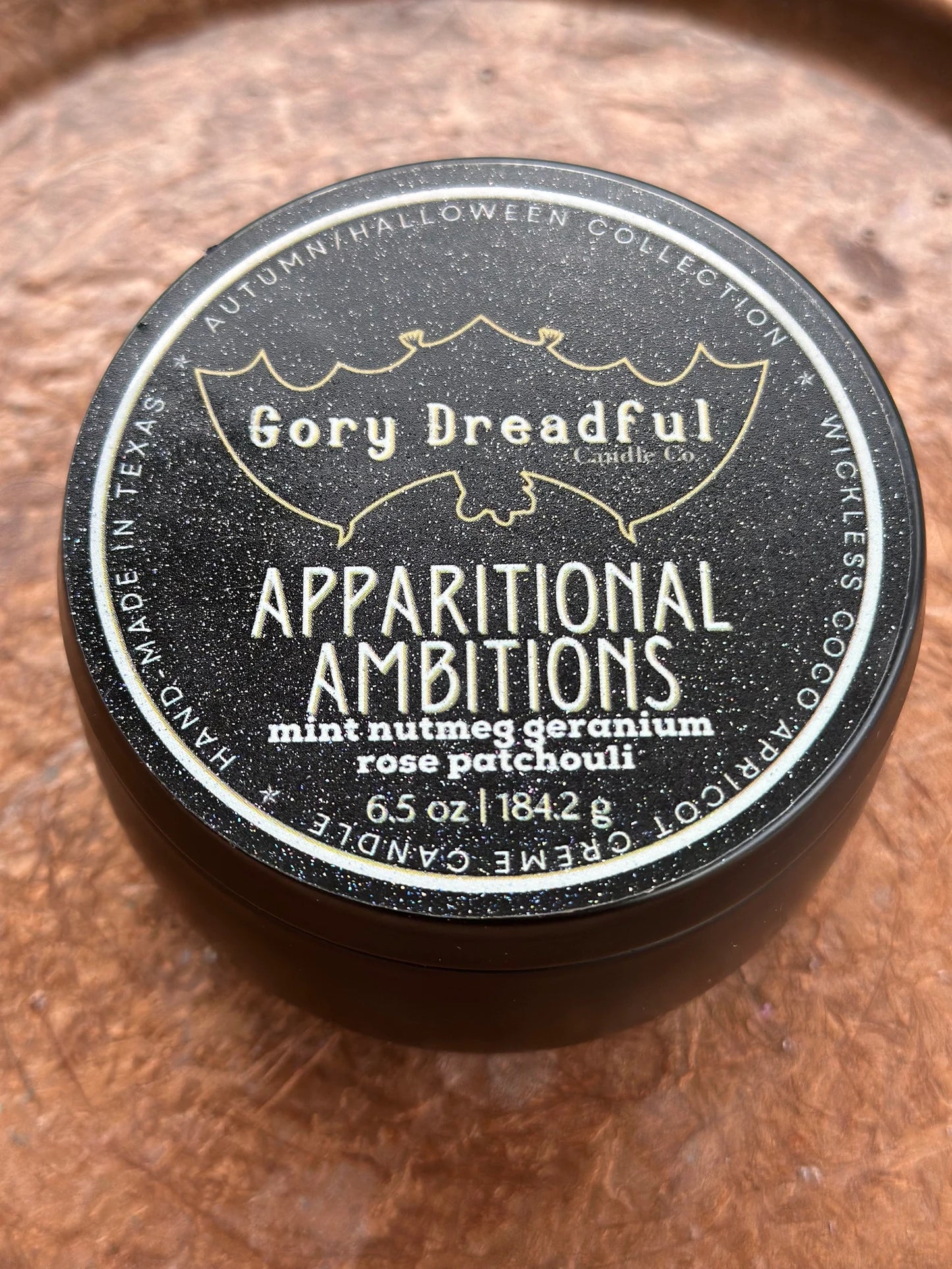 Apparitional Ambitions Wickless Candle: Mint Nutmeg Geranium Rose Patchouli Scent