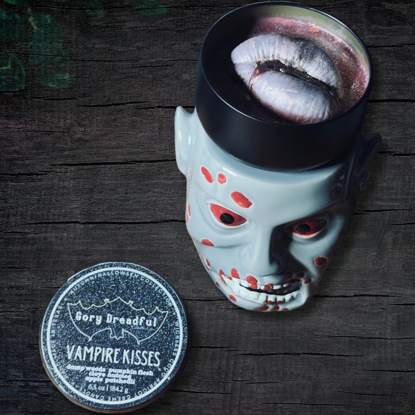 Vampire Kisses Wickless Candle: Damp Woods Pumpkin Flesh Clove Nutmeg Apple Patchouli Scent