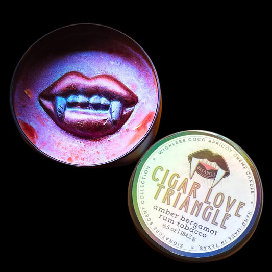 Cigar Love Triangle Signature Luxury Wickless Candle: Amber Bergamot Rum Tobacco