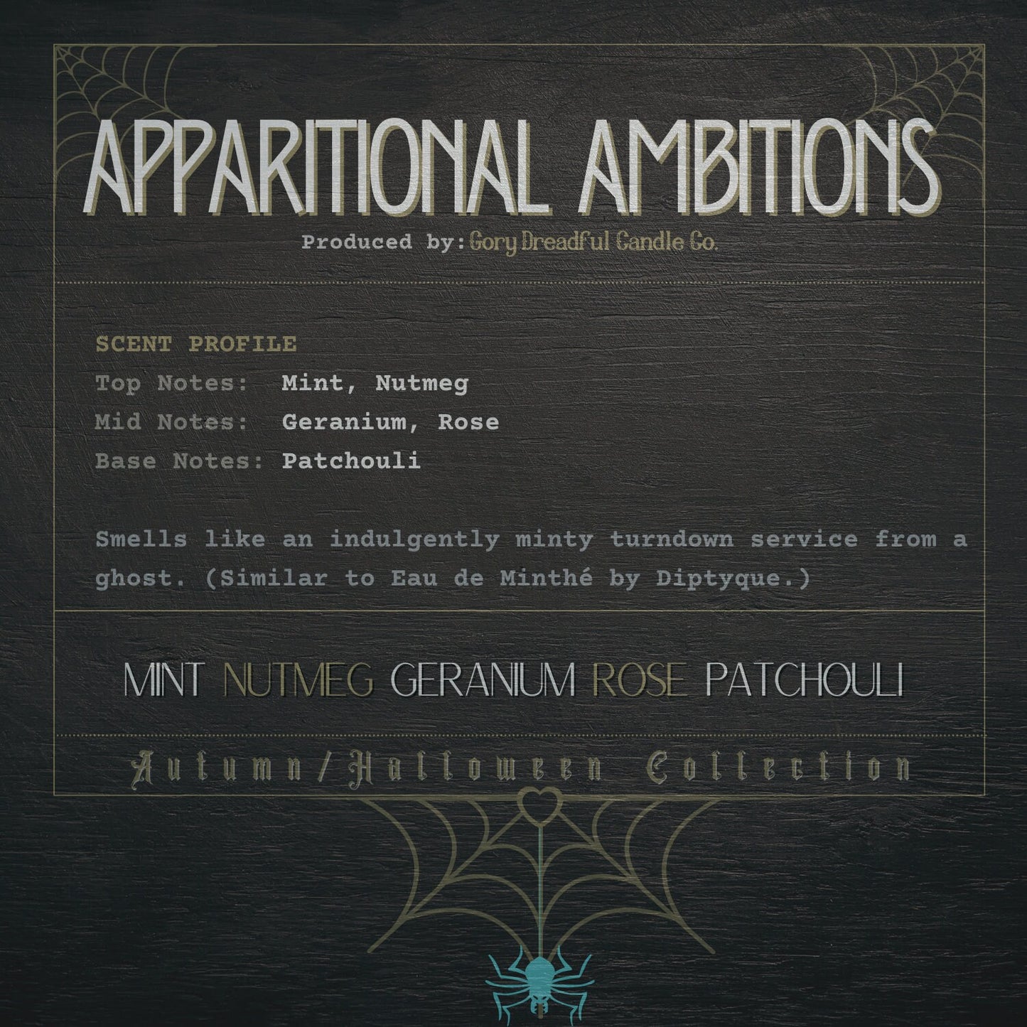 APPARITIONAL AMBITIONS Crackling Wooden Wick Luxury Candle: Mint Nutmeg Geranium Rose Patchouli Scent