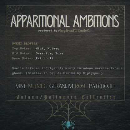 APPARITIONAL AMBITIONS Crackling Wooden Wick Luxury Candle: Mint Nutmeg Geranium Rose Patchouli Scent