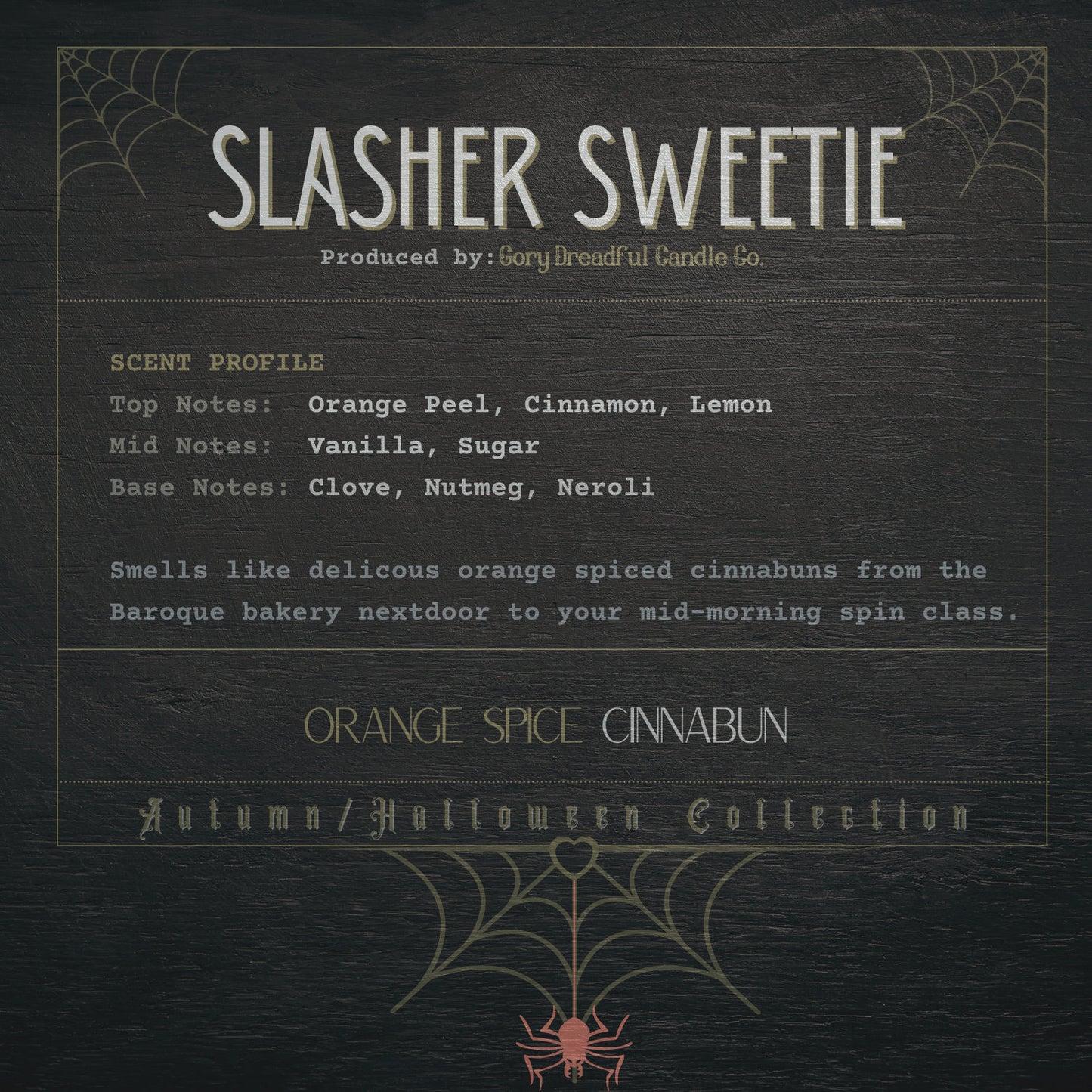 SLASHER SWEETIE Crackling Wooden Wick Luxury Candle: Orange Spice Cinnabun Scent