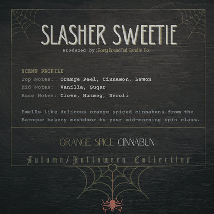 SLASHER SWEETIE Crackling Wooden Wick Luxury Candle: Orange Spice Cinnabun Scent