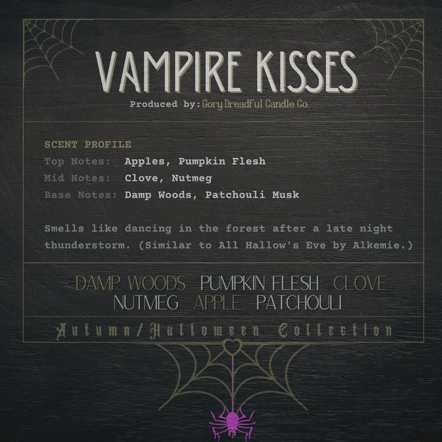 VAMPIRE KISSES Crackling Wooden Wick Luxury Candle: Damp Woods Pumpkin Flesh Clove Nutmeg Apple Patchouli Scent