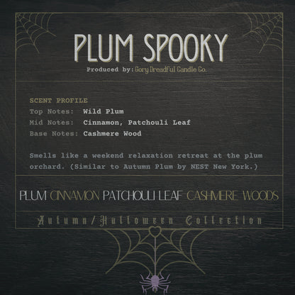 PLUM SPOOKY Wax Melt Brittle: Plum Cinnamon Patchouli Leaf Cashmere Woods Scent