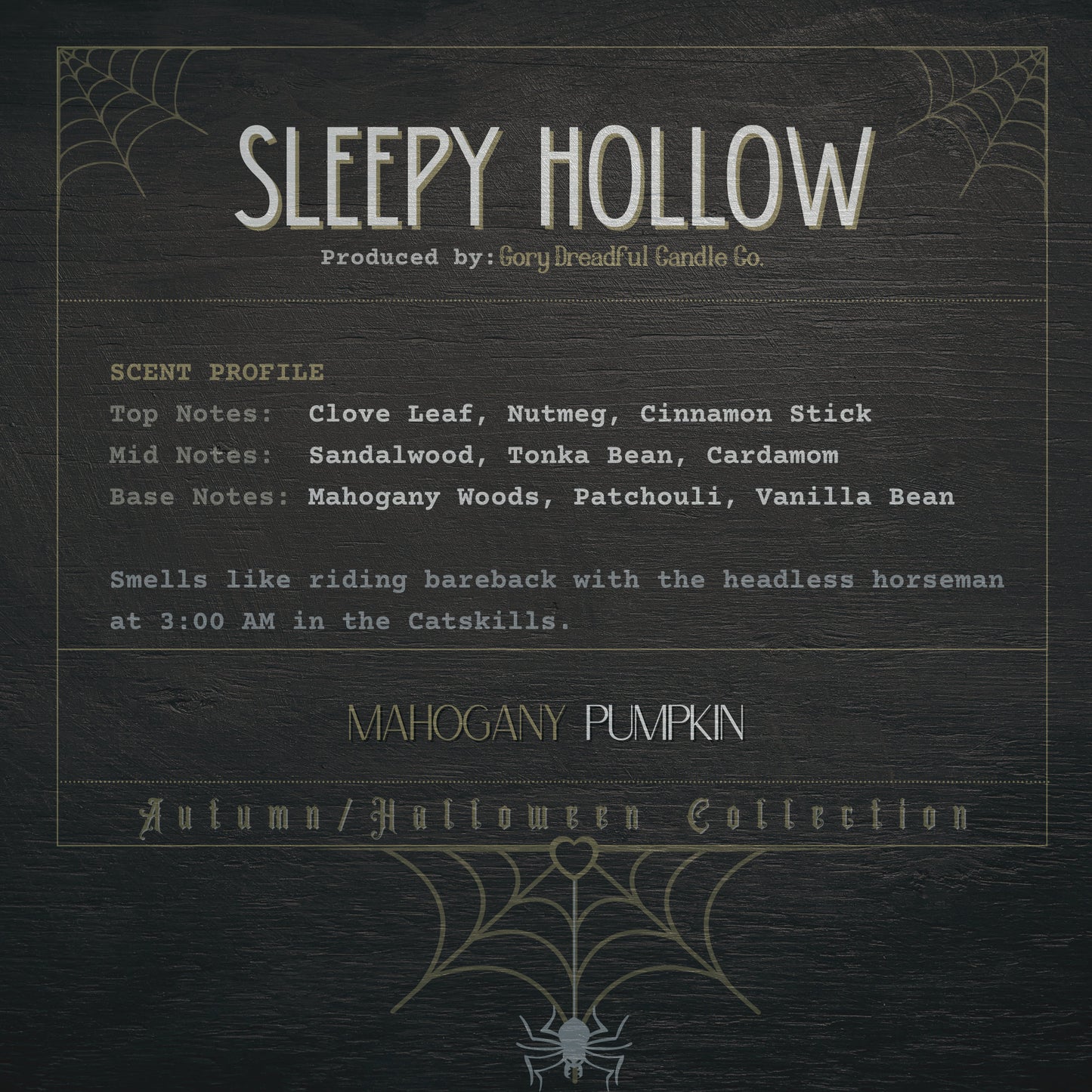 SLEEPY HOLLOW Wickless Luxury Candle: Mahogany Pumpkin Scent