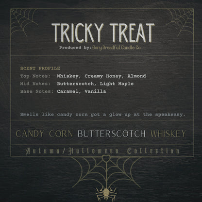 TRICKY TREAT Wickless Luxury Candle: Candy Corn Butterscotch Whiskey Scent