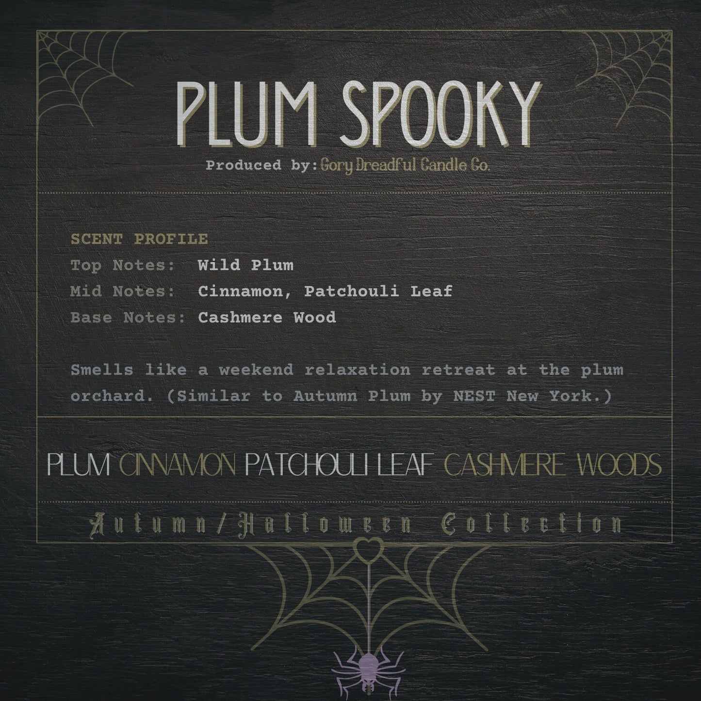 PLUM SPOOKY Luxury Crackling Wooden Wick Candle: Plum Cinnamon Patchouli Leaf Cashmere Woods Scent