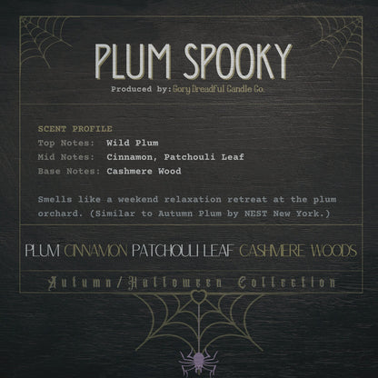 PLUM SPOOKY Luxury Crackling Wooden Wick Candle: Plum Cinnamon Patchouli Leaf Cashmere Woods Scent