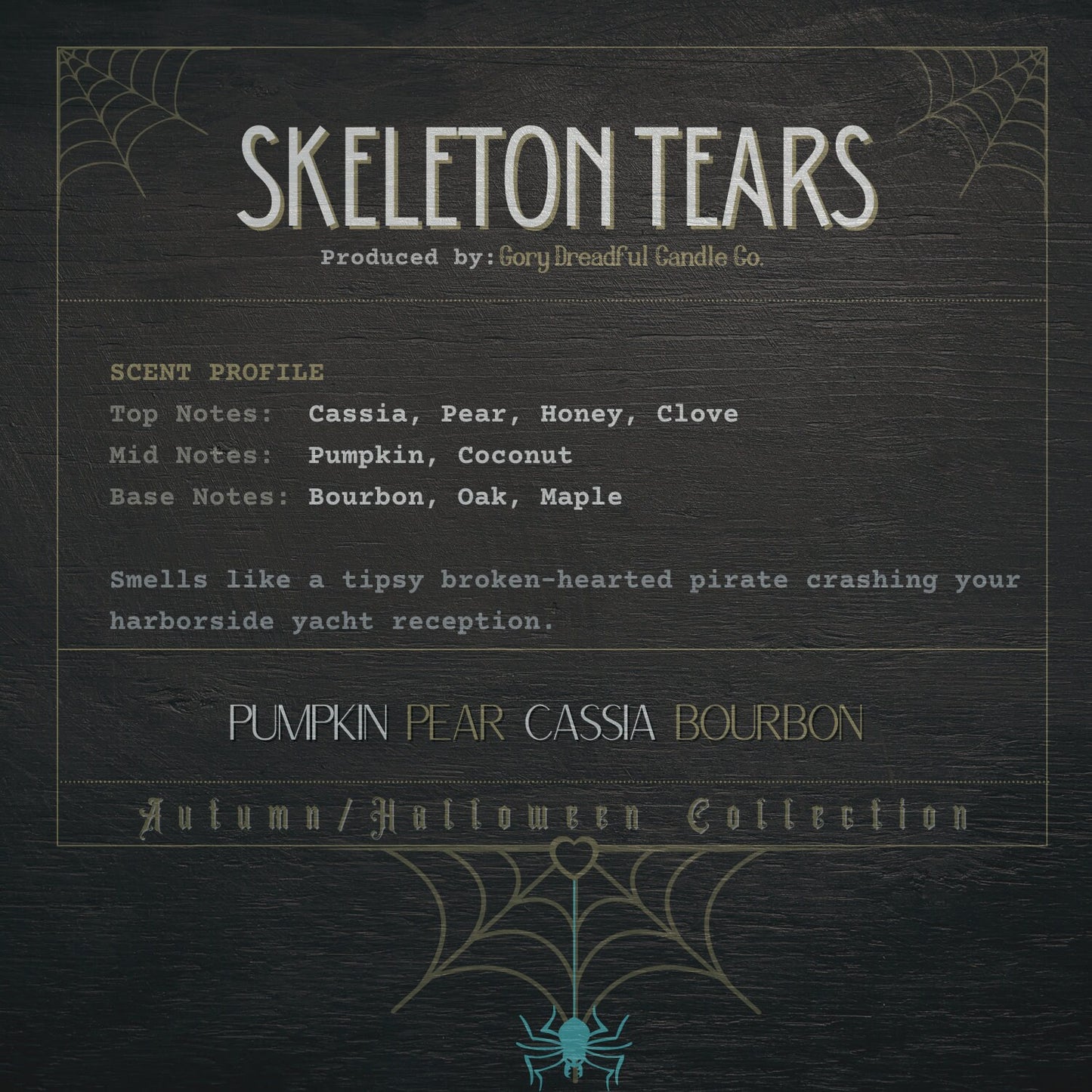 SKELETON TEARS Crackling Wooden Wick Luxury Candle: Pumpkin Pear Cassia Bourbon Scent