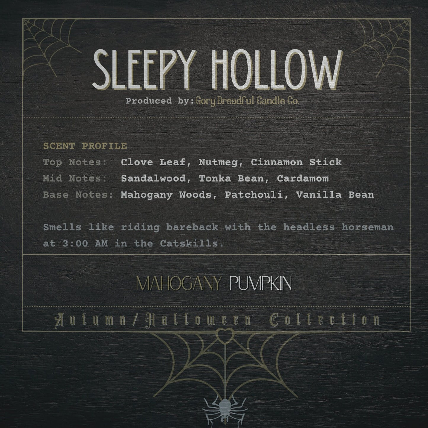 SLEEPY HOLLOW Crackling Wooden Wick Luxury Candle: Mahogany Pumpkin Scent