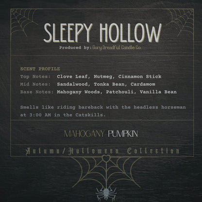 SLEEPY HOLLOW Crackling Wooden Wick Luxury Candle: Mahogany Pumpkin Scent