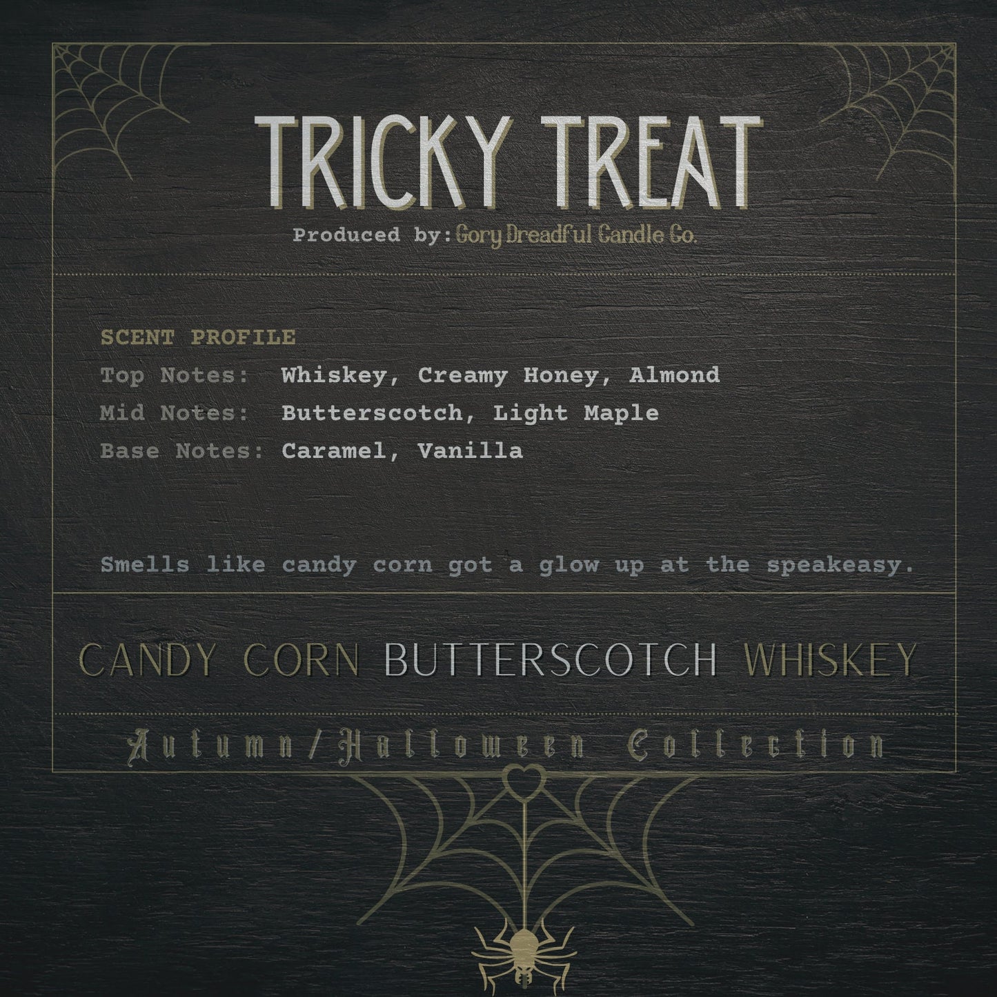 TRICKY TREAT Crackling Wooden Wick Luxury Candle: Candy Corn Butterscotch Whiskey Scent