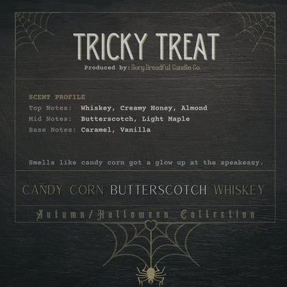 TRICKY TREAT Crackling Wooden Wick Luxury Candle: Candy Corn Butterscotch Whiskey Scent
