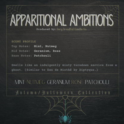 APPARITIONAL AMBITIONS Wickless Luxury Candle: Mint Nutmeg Geranium Rose Patchouli Scent