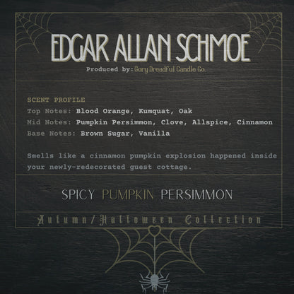 EDGAR ALLAN SCHMOE Wickless  Luxury Candle: Spicy Pumpkin Persimmon | Coco Apricot Creme Wax | 6.5 oz Boutique Tin | Halloween Gift